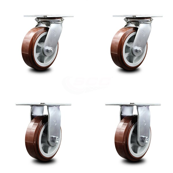 6 Inch Polyurethane Caster Set with Roller Bearings 2 Swivel 2 Rigid SCC
